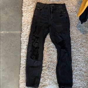 Black distressed mom jeans, high rise
